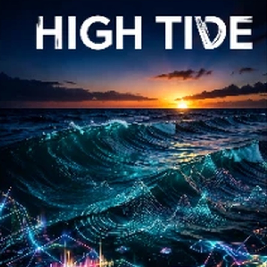 High Tide album cover — bioluminescent waves under a sunset horizon