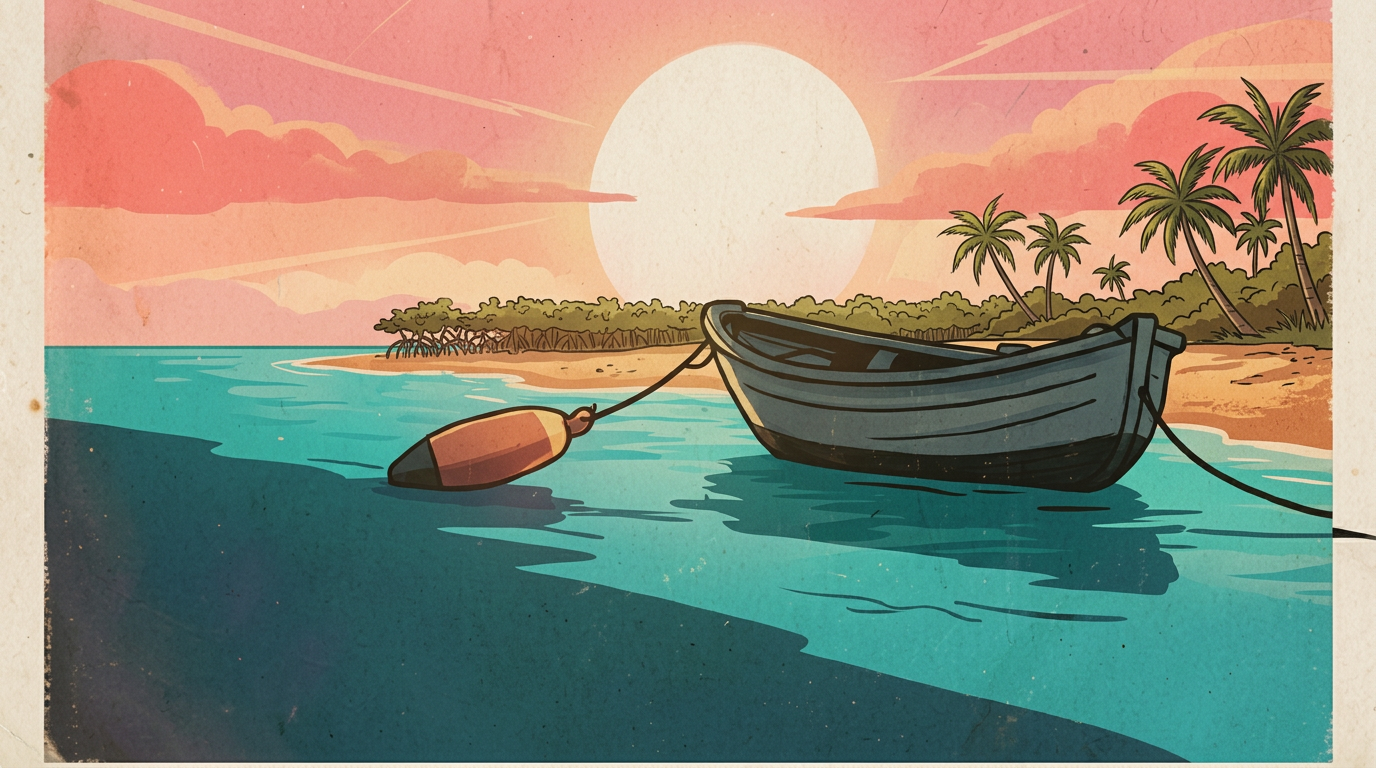 Illustration of a traveler in a wooden boat trailing a rubber buoy at sunset
