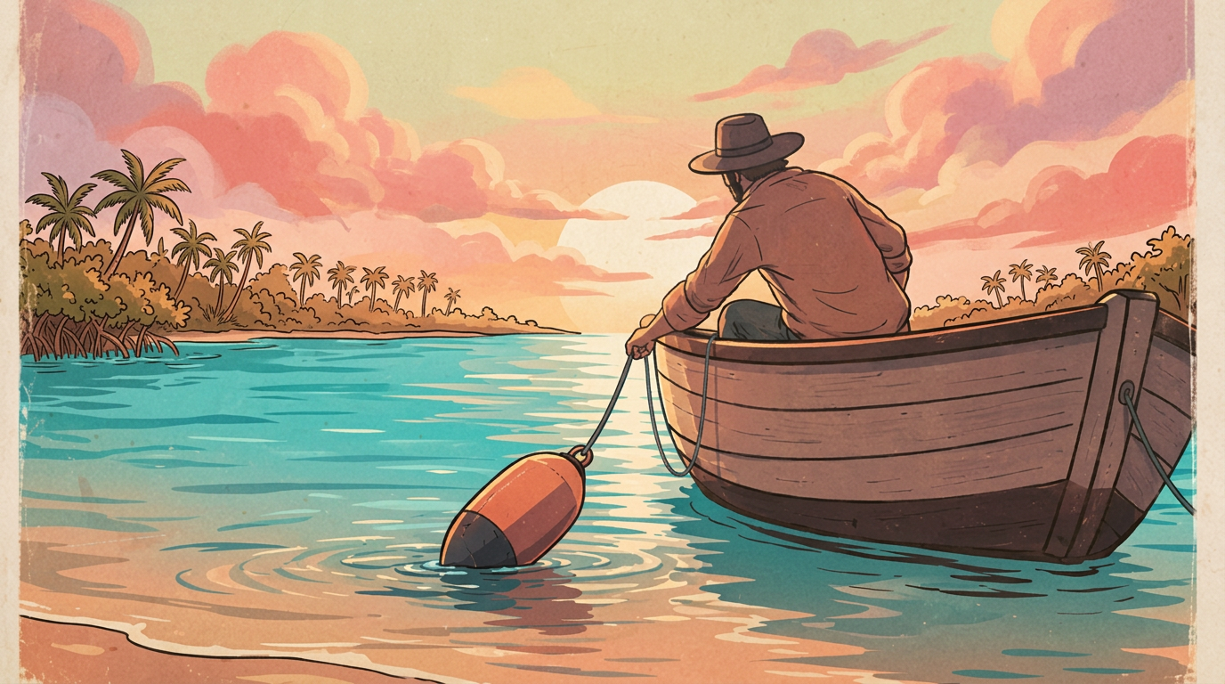 Vintage travel poster illustration of a traveler dropping a rubber buoy from a wooden boat at sunset